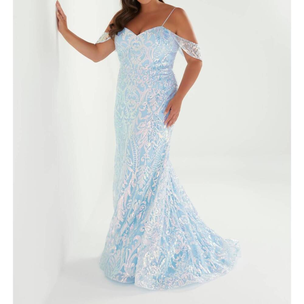 NEW HOUSE OF WU sequin trumpet flare gown in sky
